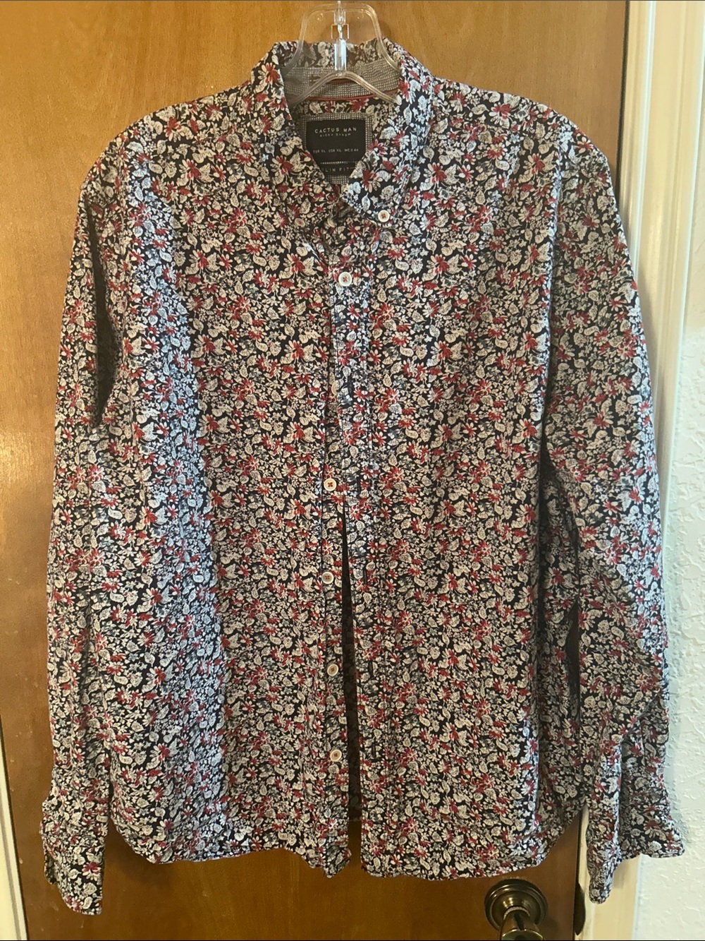Cactus Man Navy Button-Down Shirt with Red & White Floral Print. XL